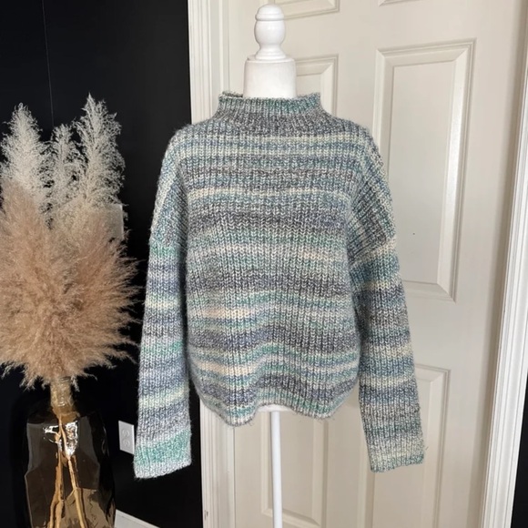 Loft Wool Blend Multicolor Cowl Neck Sleeve Slit Sweater size XL - Picture 5 of 12